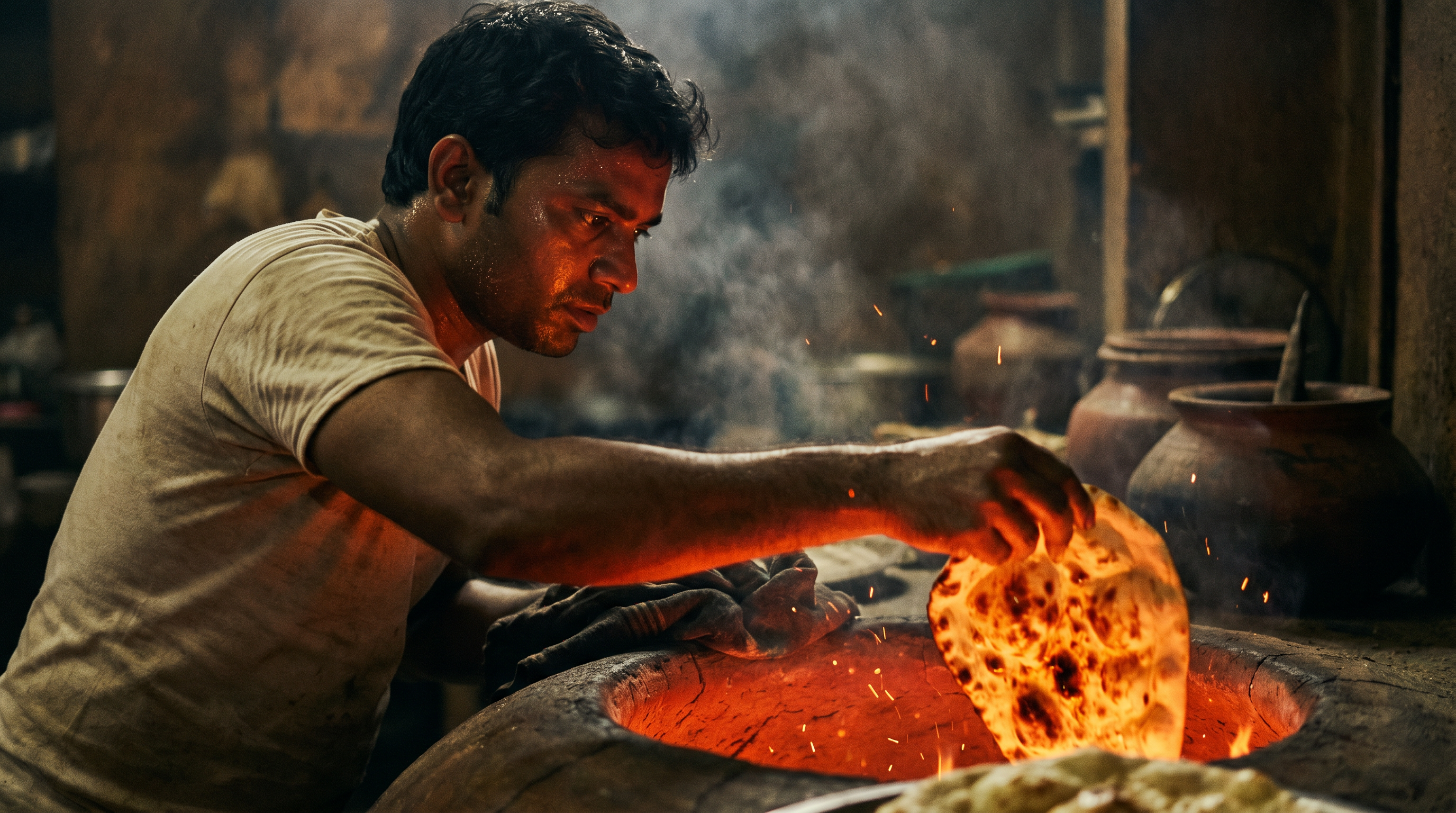 Chef pulling naan from the tandoor fire — Flamin Curry